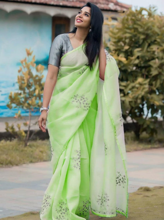 Light green heavy crushed silk coding flower work saree