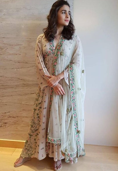 Light grey digital printed designer long salwar suit