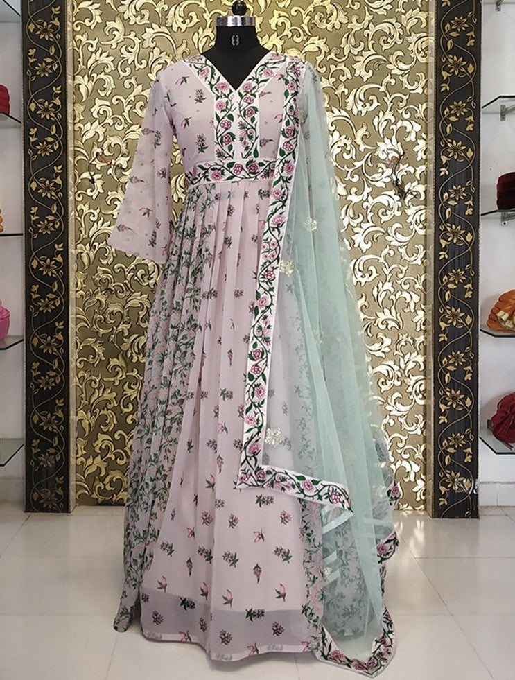 Light grey digital printed designer long salwar suit