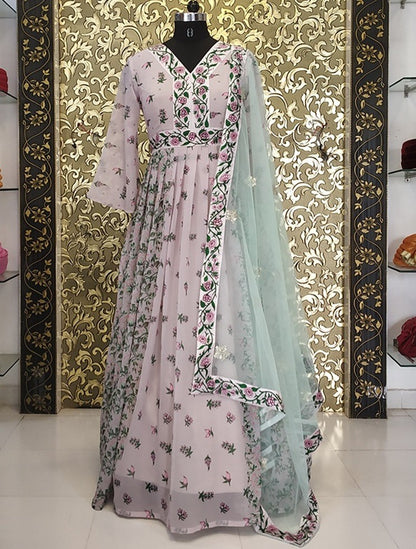 Light grey digital printed designer long salwar suit