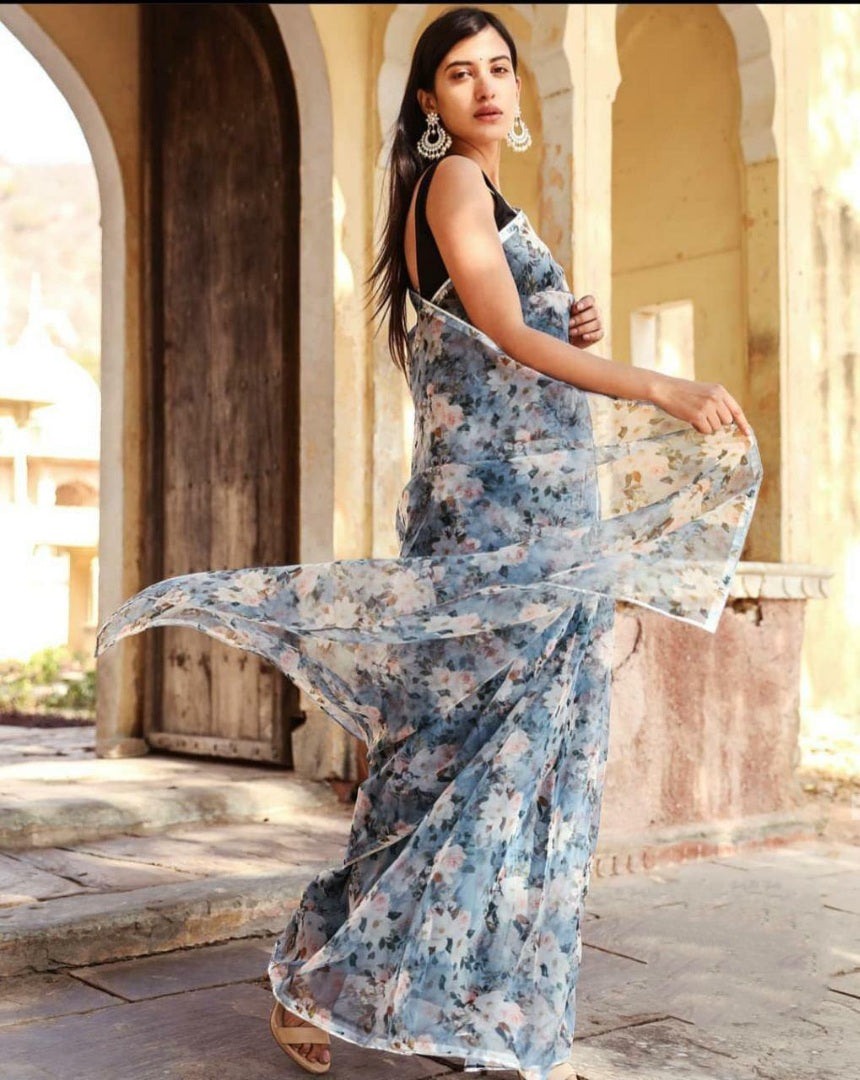 Light grey floral printed designer organza saree