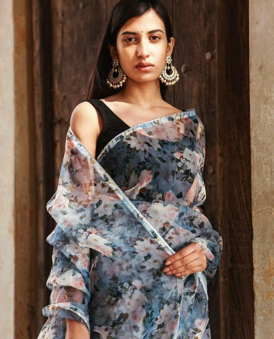 Light grey floral printed designer organza saree