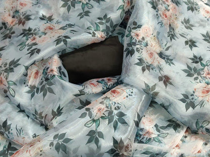 Light grey floral printed designer organza saree
