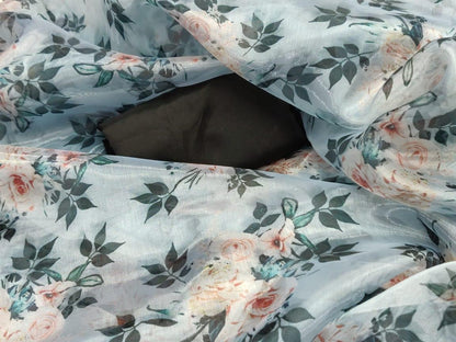 Light grey floral printed designer organza saree