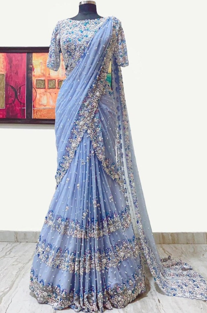 Light grey georgette embroidered with pearl work saree