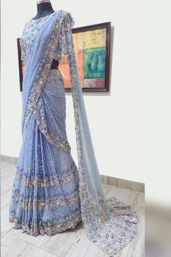 Light grey georgette embroidered with pearl work saree