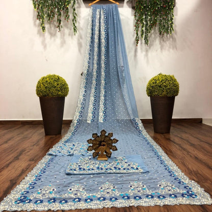 Light grey georgette embroidered with pearl work saree