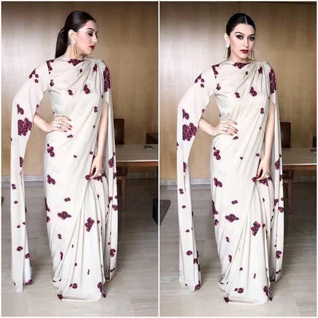 Light grey heavy crepe dark rose printed stylist partywear saree