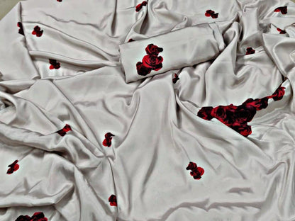 Light grey heavy crepe dark rose printed stylist partywear saree