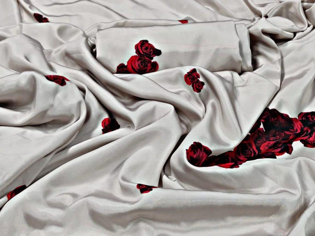 Light grey heavy crepe dark rose printed stylist partywear saree