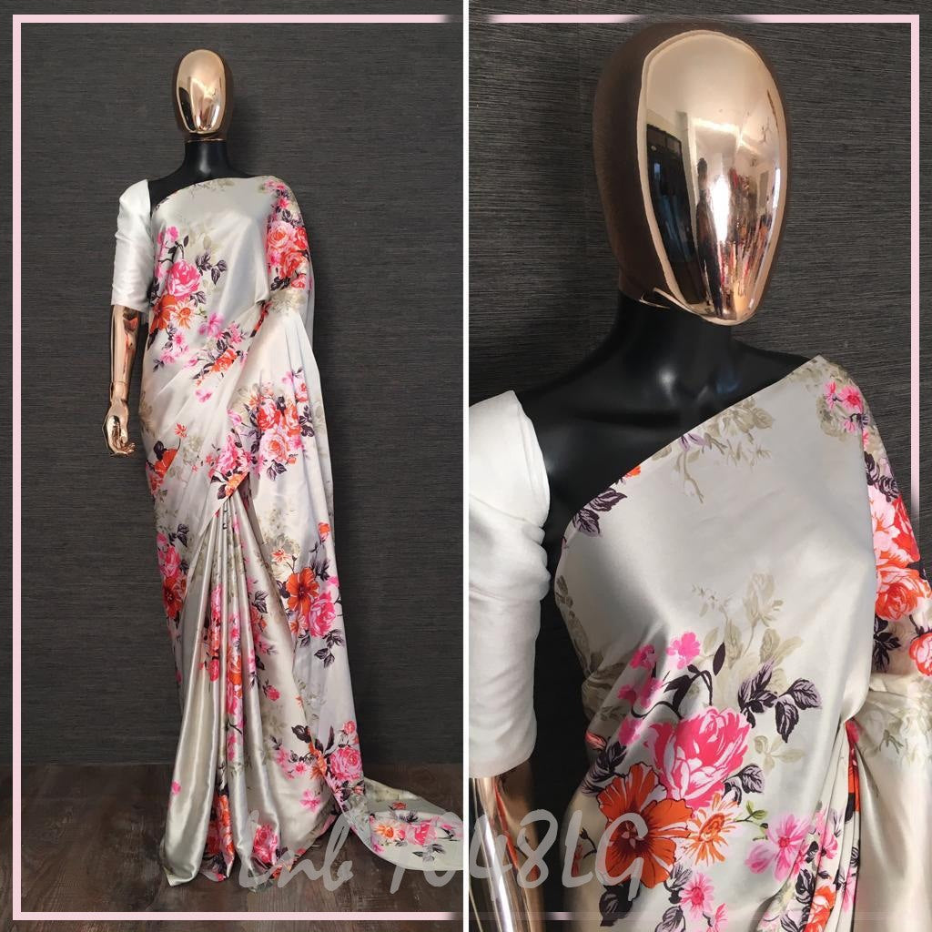 Light grey japan satin silk digital floral printed saree