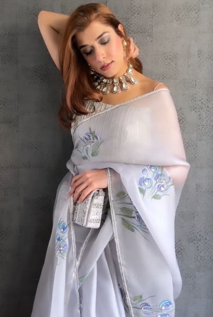 Light grey khadi organza print and handworked saree