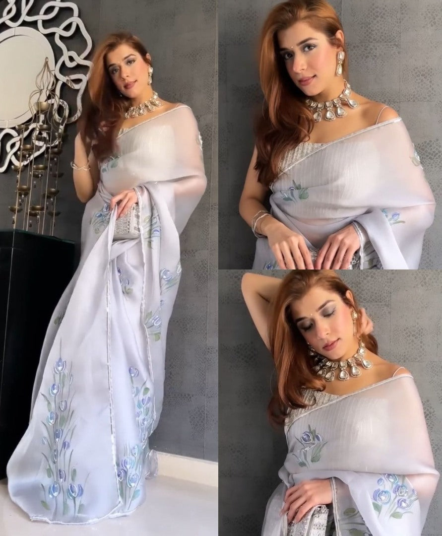 Light grey khadi organza print and handworked saree