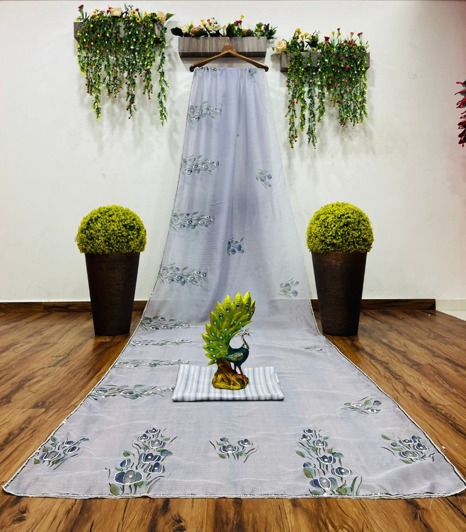 Light grey khadi organza print and handworked saree
