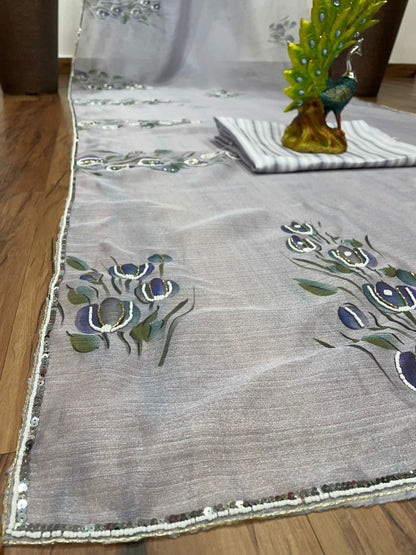 Light grey khadi organza print and handworked saree