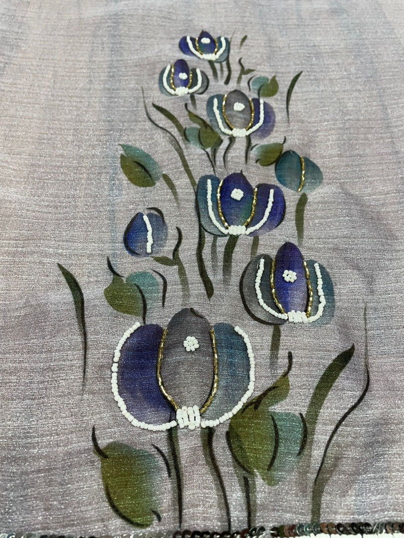 Light grey khadi organza print and handworked saree