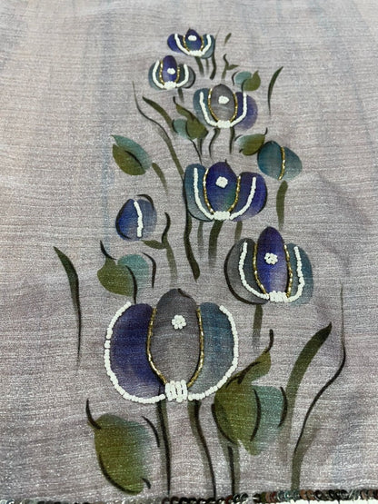 Light grey khadi organza print and handworked saree