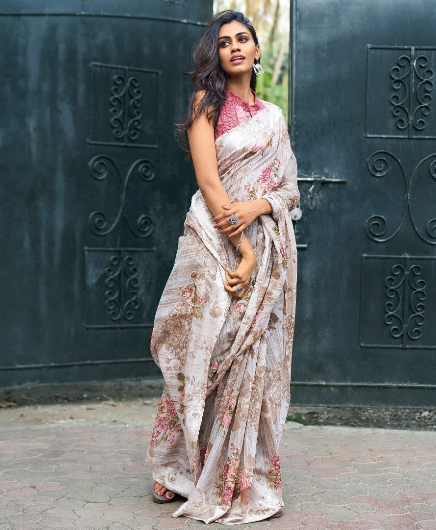 Light grey linen silk floral digital printed saree