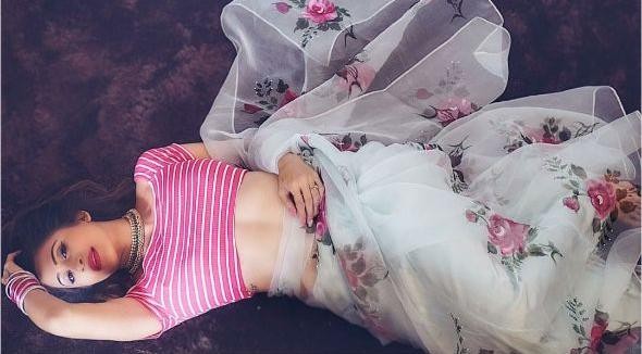 Light grey organza digital flower printed stylist saree