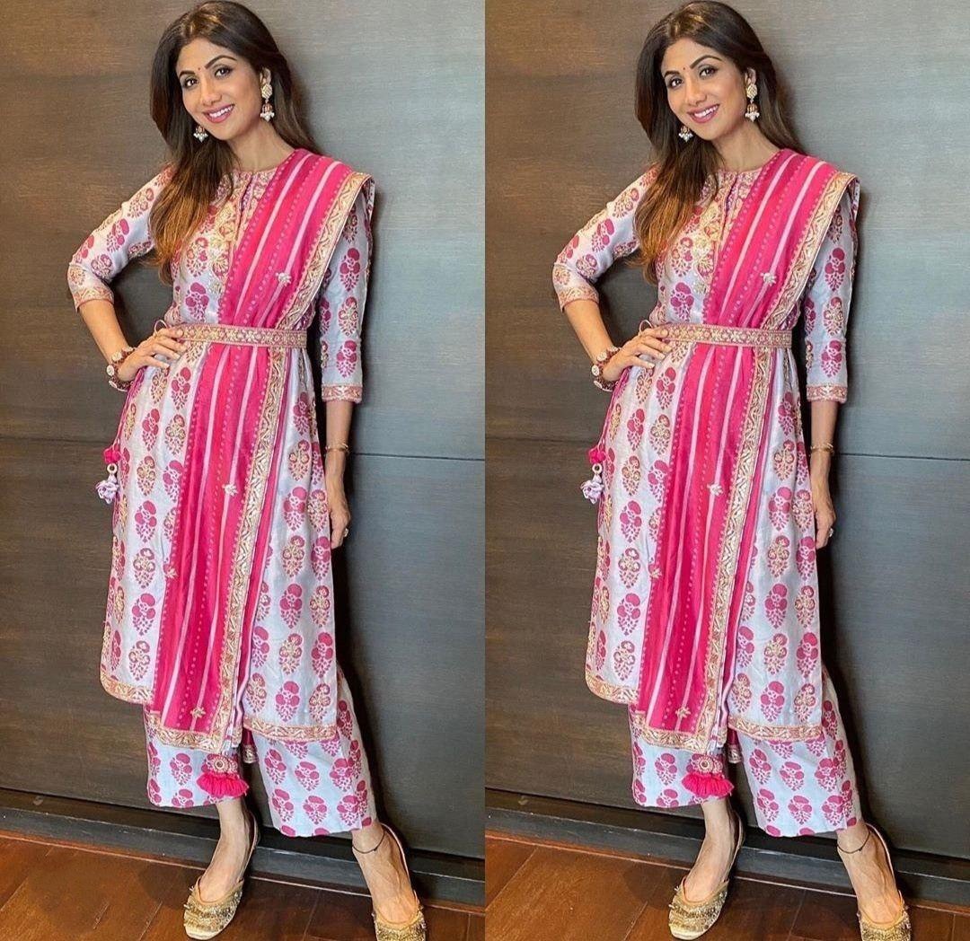 Light lavender italian silk printed salwar suit