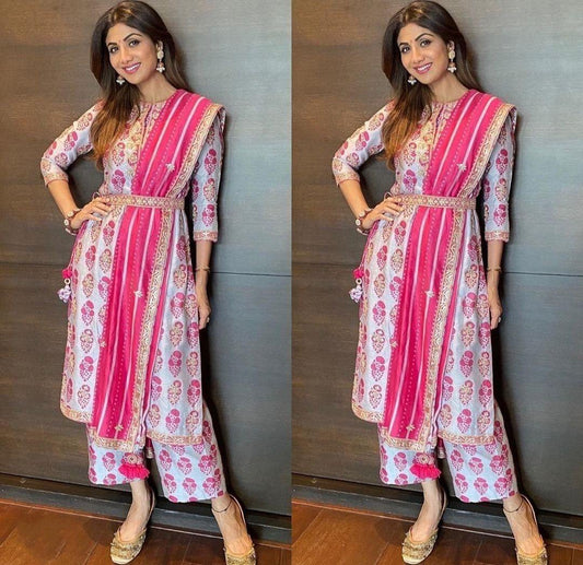 Light lavender italian silk printed salwar suit