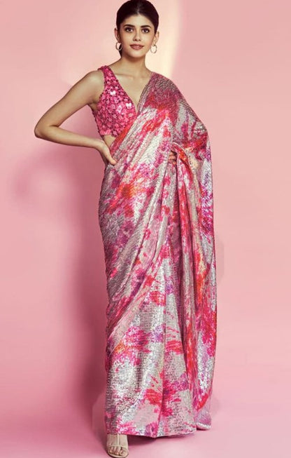 Light magenta paper silk embroidered sequence printed work saree