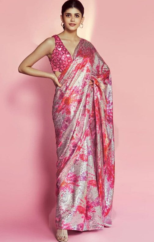 Light magenta paper silk embroidered sequence printed work saree
