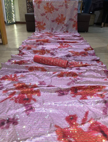 Light magenta paper silk embroidered sequence printed work saree