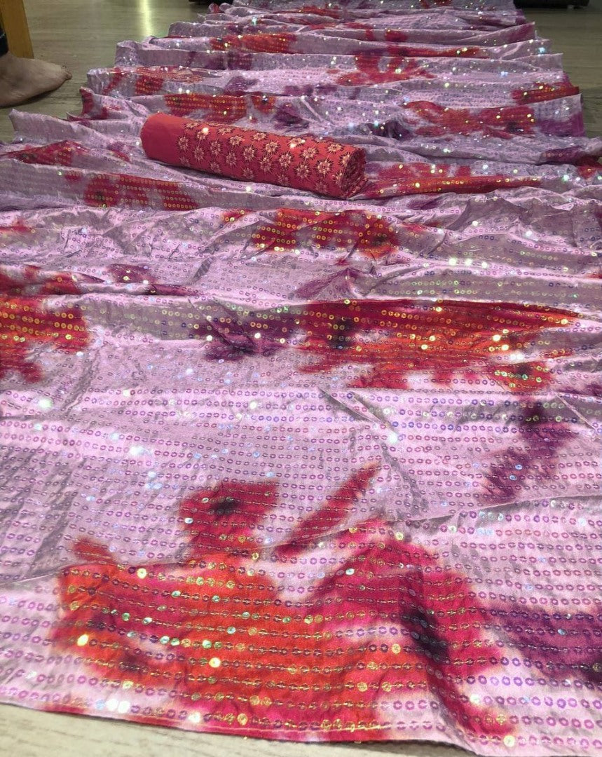Light magenta paper silk embroidered sequence printed work saree