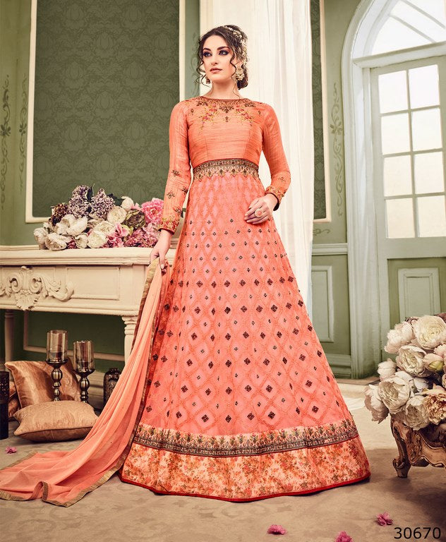 Light Orange Colored Net Resham & Jari Embroidery With Stone Work Semi Stitched anarkali suit