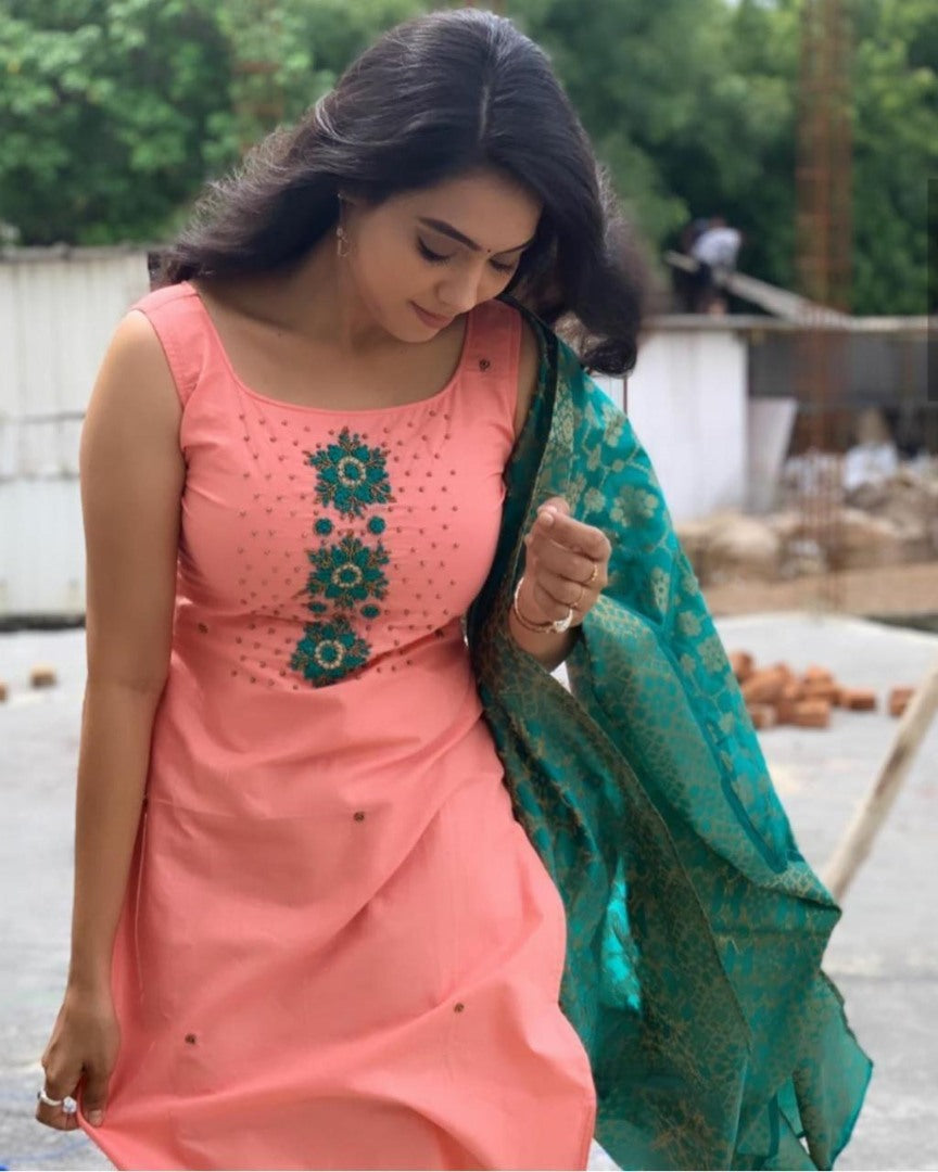 Light orange cotton handwork unstitched salwar suit