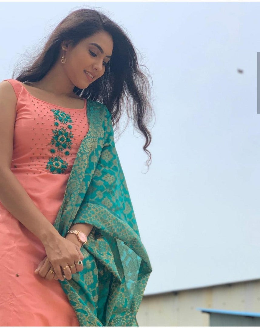 Light orange cotton handwork unstitched salwar suit