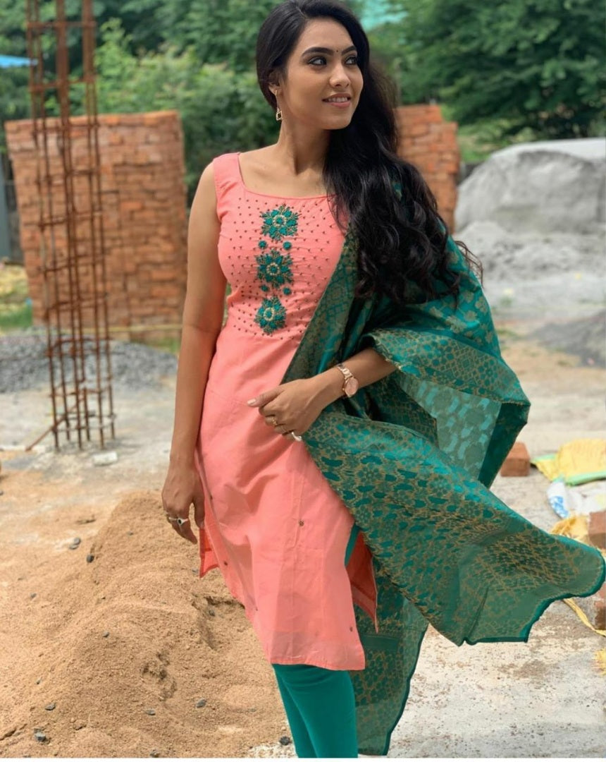 Light orange cotton handwork unstitched salwar suit