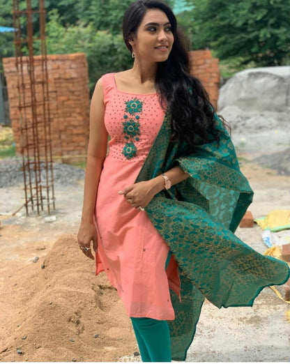 Light orange cotton handwork unstitched salwar suit