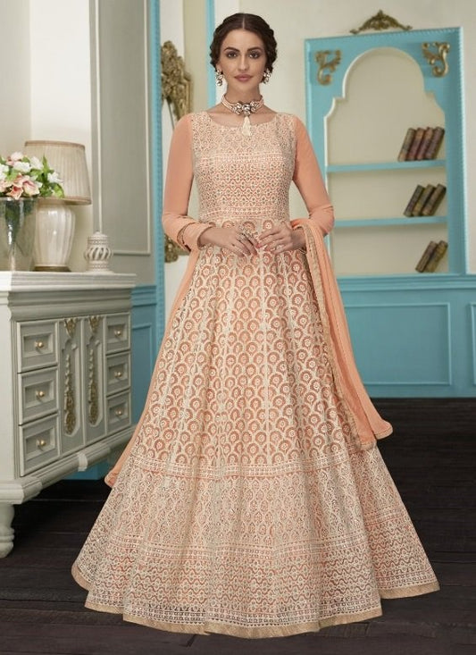Light orange faux georgette heavy thread and sequence embroidered gown