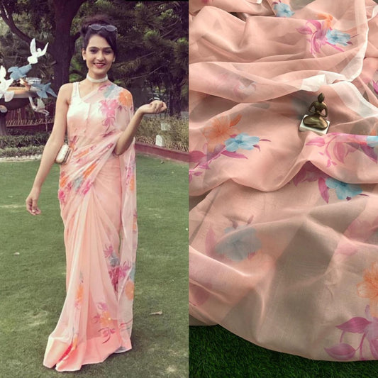 light orange floral digital printed pure orgenza saree