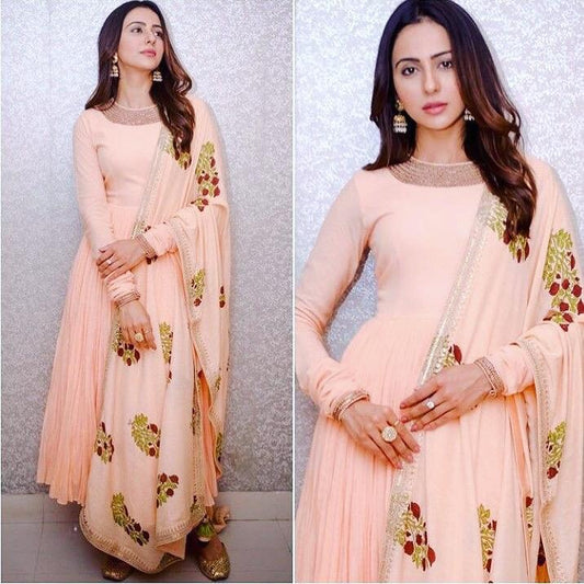 Light orange georgette anarkali gown with embroidered dupatta