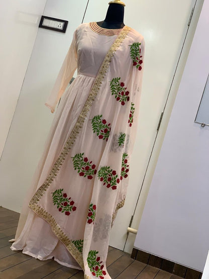 Light orange georgette anarkali gown with embroidered dupatta