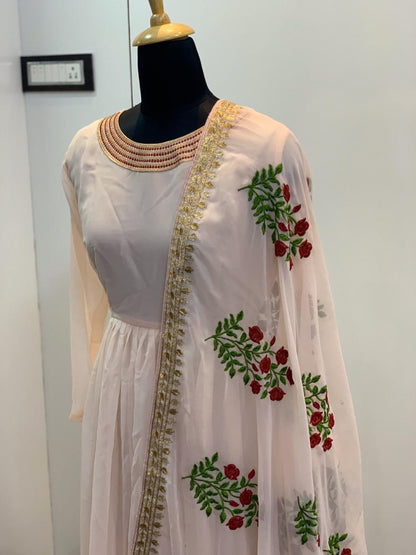 Light orange georgette anarkali gown with embroidered dupatta