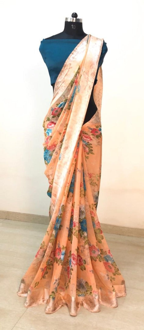 Light Orange georgette flower printed georgette satin patta broder saree
