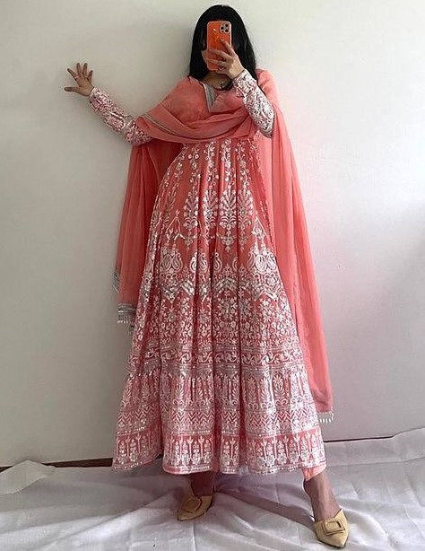 Light orange georgette heavy embroidery wedding anarkali suit