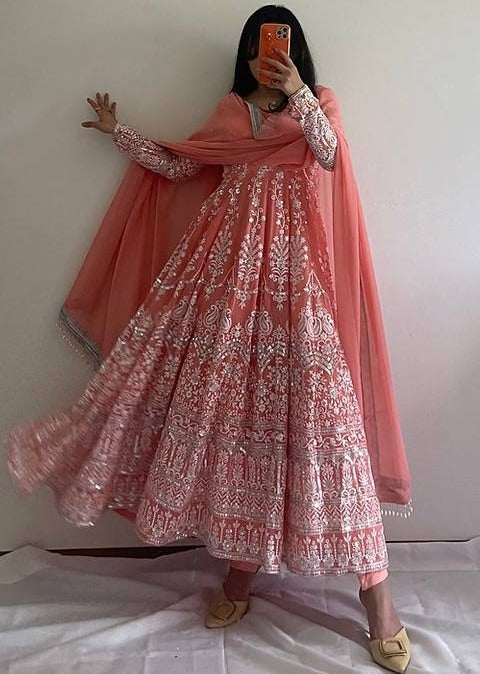 Light orange georgette heavy embroidery wedding anarkali suit