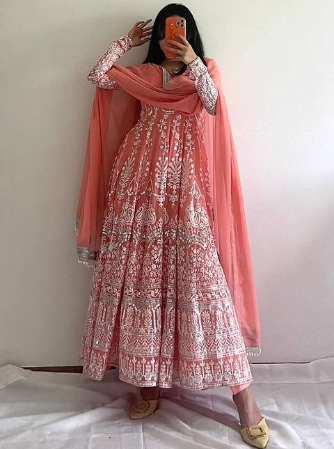 Light orange georgette heavy embroidery wedding anarkali suit