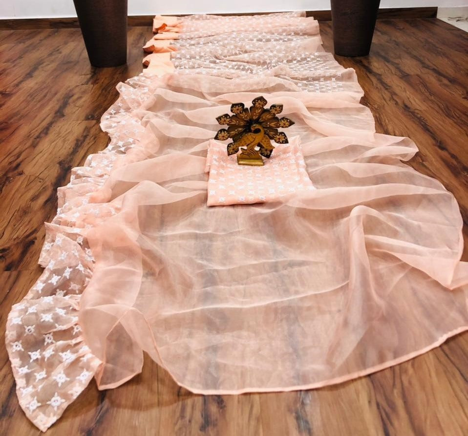 Light orange organza embroidery work saree
