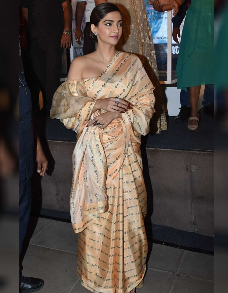 Light orange satin printed bollywood saree