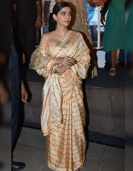 Light orange satin printed bollywood saree