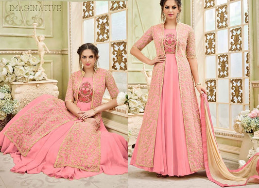 Light Peach & Pink Colored Faux Georgette Zari & Thread Embroidered Semi Stitched Gown