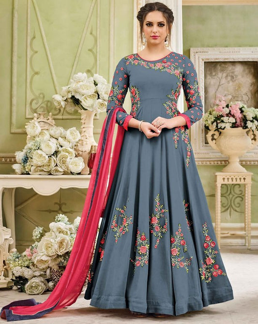 Light Peach & Pink Colored Faux Georgette Zari & Thread Embroidered Semi Stitched Gown