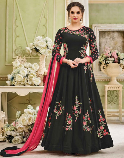 Light Peach & Pink Colored Faux Georgette Zari & Thread Embroidered Semi Stitched Gown