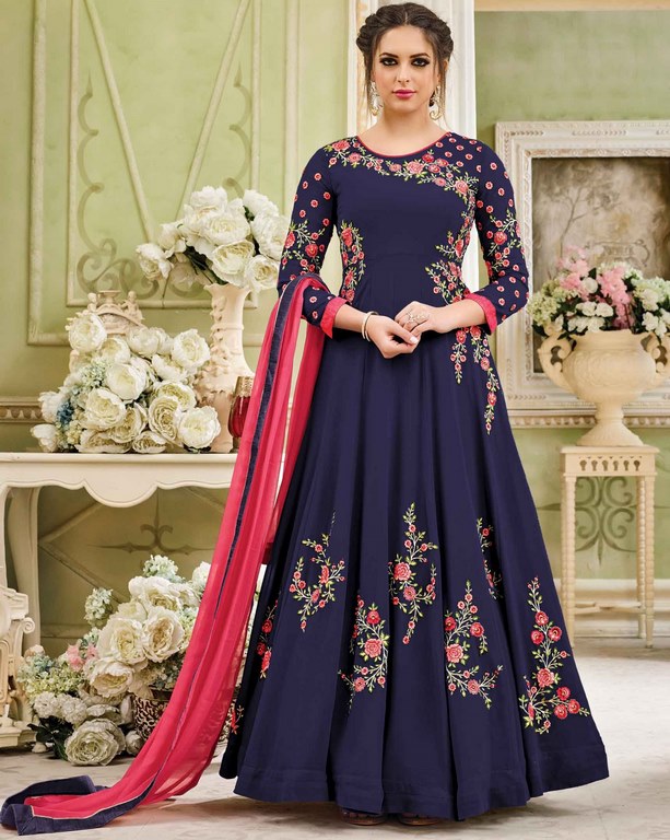 Light Peach & Pink Colored Faux Georgette Zari & Thread Embroidered Semi Stitched Gown